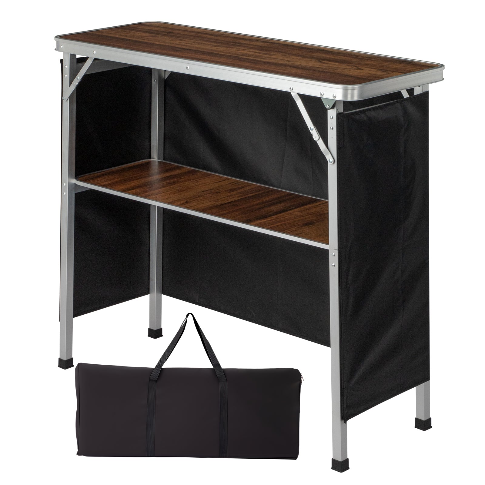 HAOYYE White Portable Folding Bar Table with Brown Wood Tone Shelf Black Skirt and Carrying Bag for Indoor Outdoor Use Party Picnic Trade Show Event Display Booth Exhibition Stand