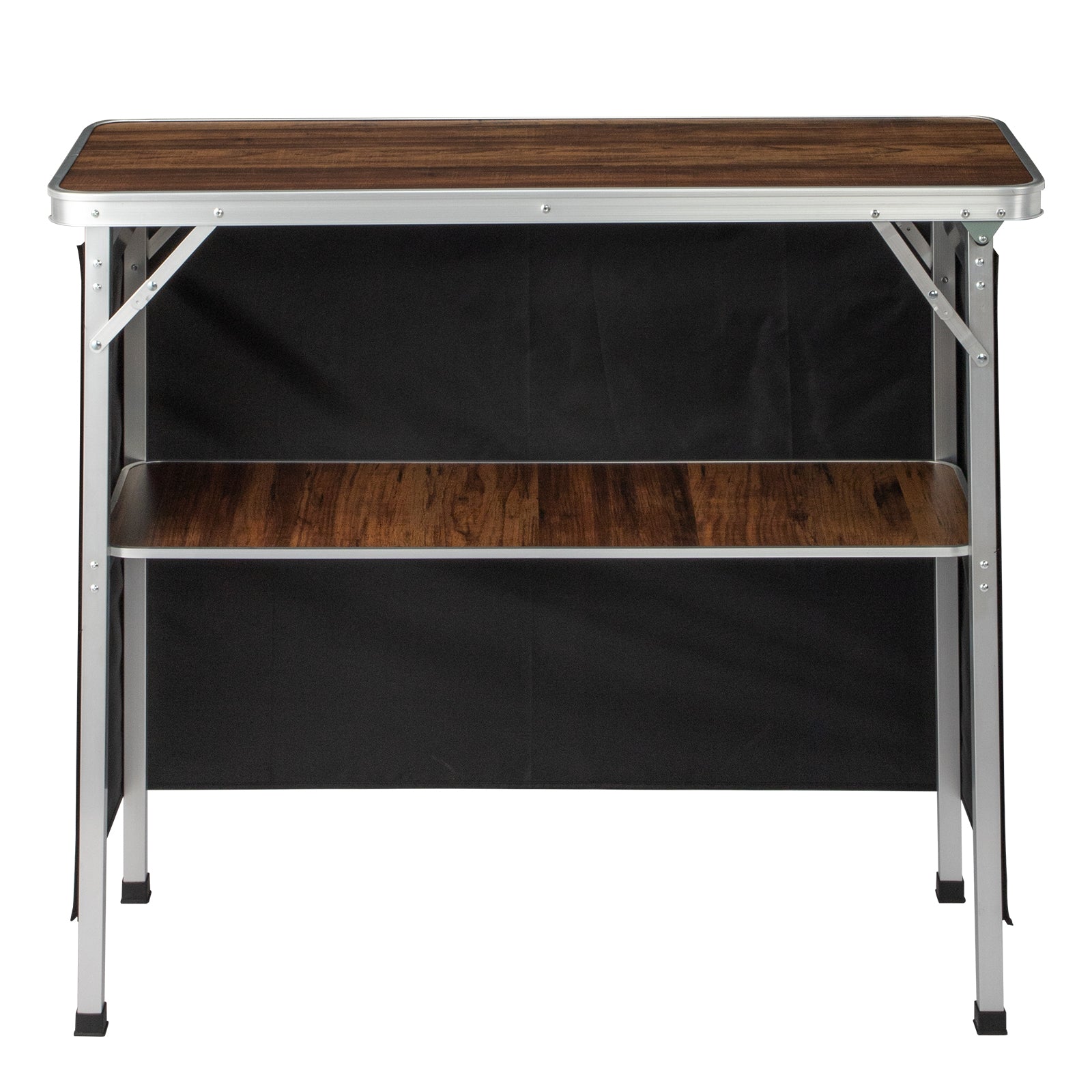 HAOYYE White Portable Folding Bar Table with Brown Wood Tone Shelf Black Skirt and Carrying Bag for Indoor Outdoor Use Party Picnic Trade Show Event Display Booth Exhibition Stand