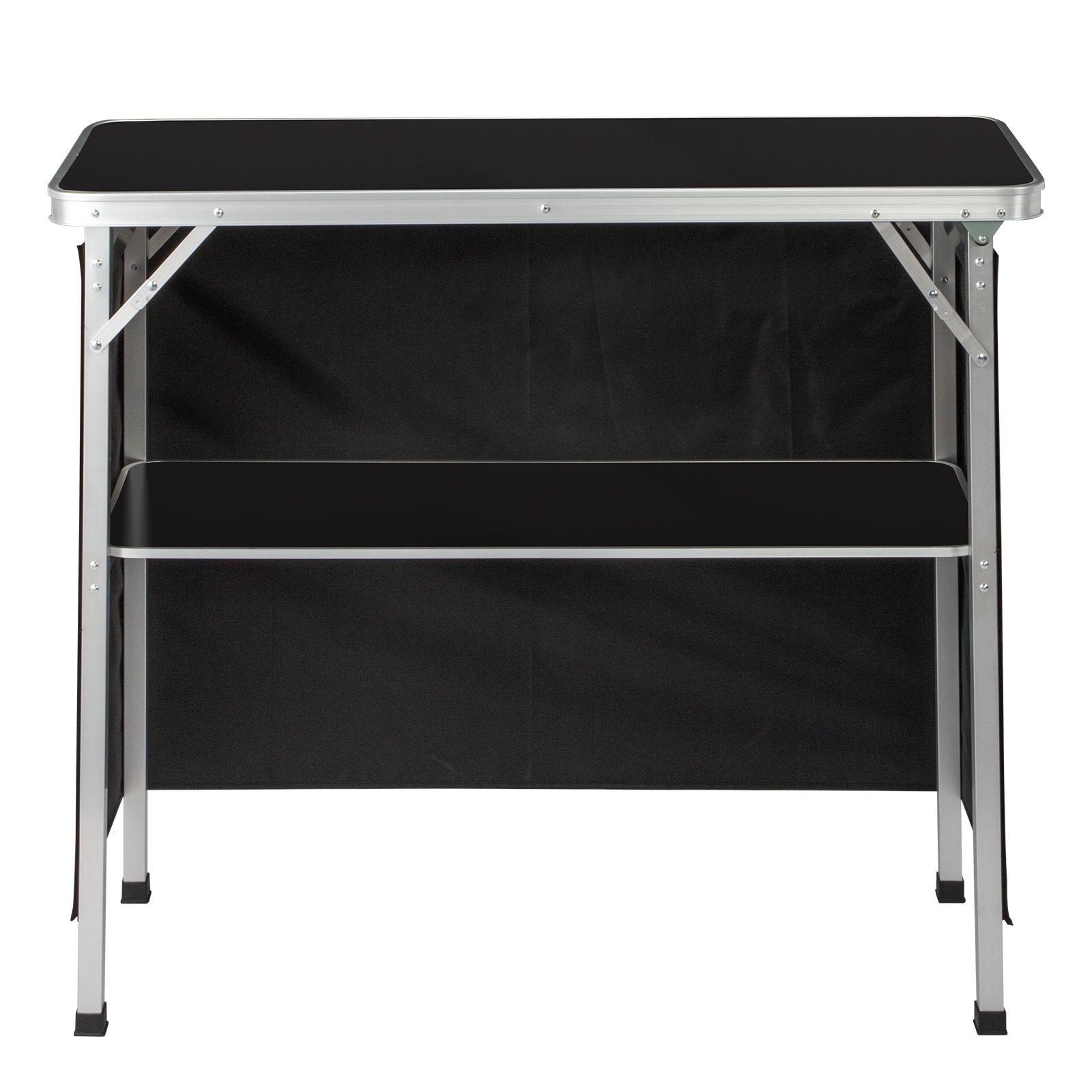 HAOYYE Portable Folding Bar Table with Storage Shelf and Black Skirt, Lightweight Tradeshow Podium Table with Carrying Bag for Indoor or Outdoor Party, Picnic, Event Display, Marketing Booth, Reception or Catering Setup
