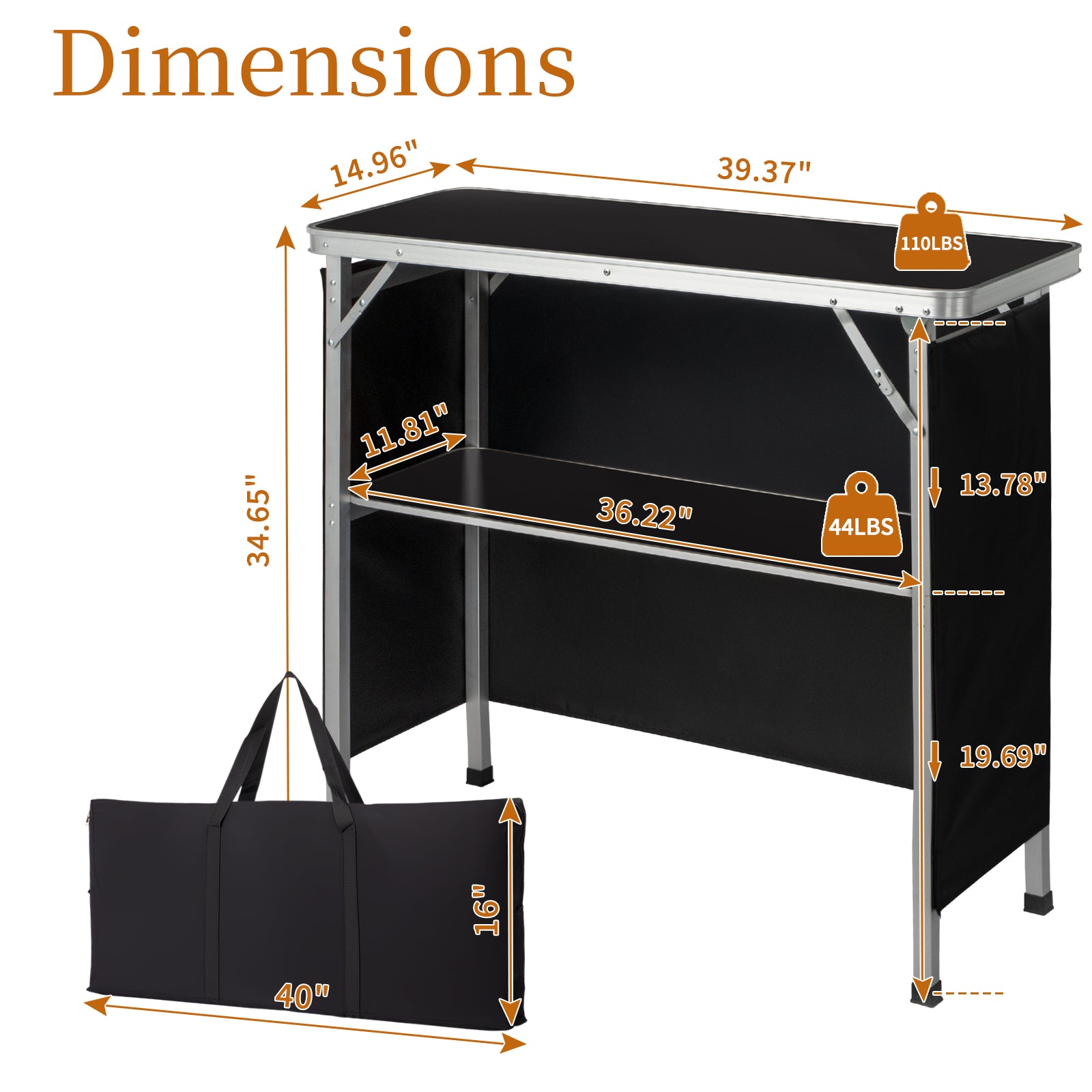 HAOYYE Portable Folding Bar Table with Storage Shelf and Black Skirt, Lightweight Tradeshow Podium Table with Carrying Bag for Indoor or Outdoor Party, Picnic, Event Display, Marketing Booth, Reception or Catering Setup