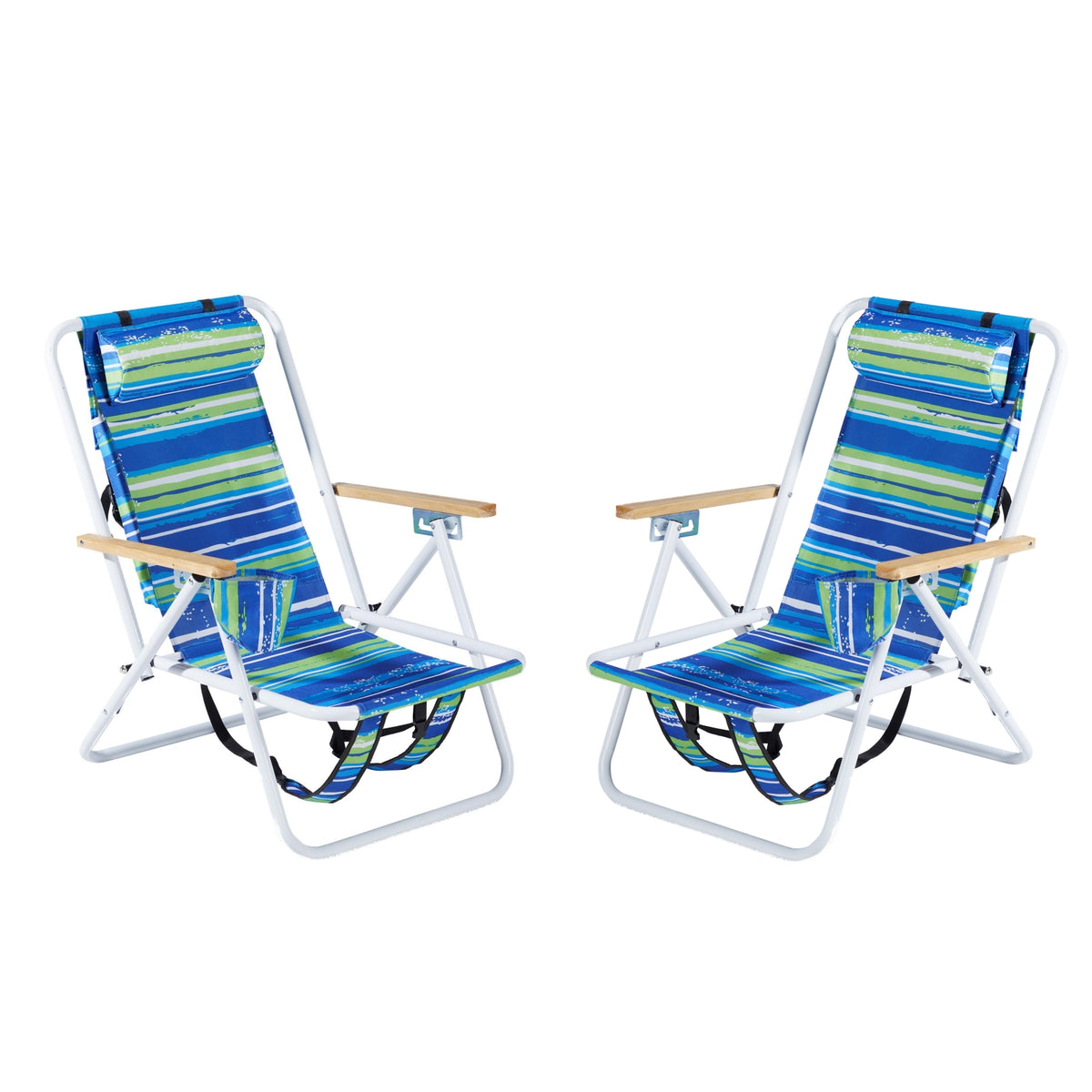 HAOYYE 2PCS Folding Beach Chair for Adults with 4 Position Adjustable Recline, Portable Backpack Design, Wooden Armrests, Headrest and Cup Holder, Blue and Green Striped Chairs for Camping and Outdoor