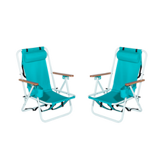 HAOYYE 2PCS Folding Beach Chair  with 4-Position Recline, Portable Backpack Design, Wooden Armrests, Headrest and Cup Holder, Foldable Lightweight Chairs for Outdoor Camping, Beach, or Patio Relaxing