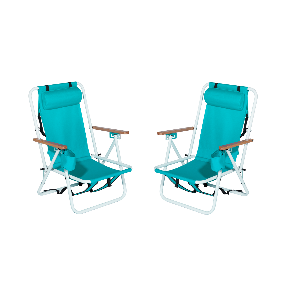 HAOYYE 2PCS Folding Beach Chair  with 4-Position Recline, Portable Backpack Design, Wooden Armrests, Headrest and Cup Holder, Foldable Lightweight Chairs for Outdoor Camping, Beach, or Patio Relaxing