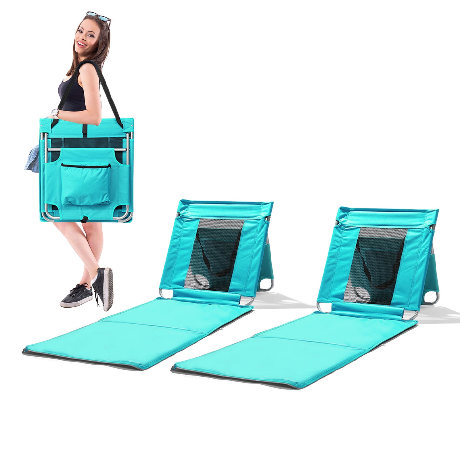 HAOYYE Foldable Beach Lounger Lightweight Lounge Chair with Breathable Mesh Back and Built-in Cooler Pocket Comfortable Portable Design for Outdoor Sunbathing Relaxing in Mint Green