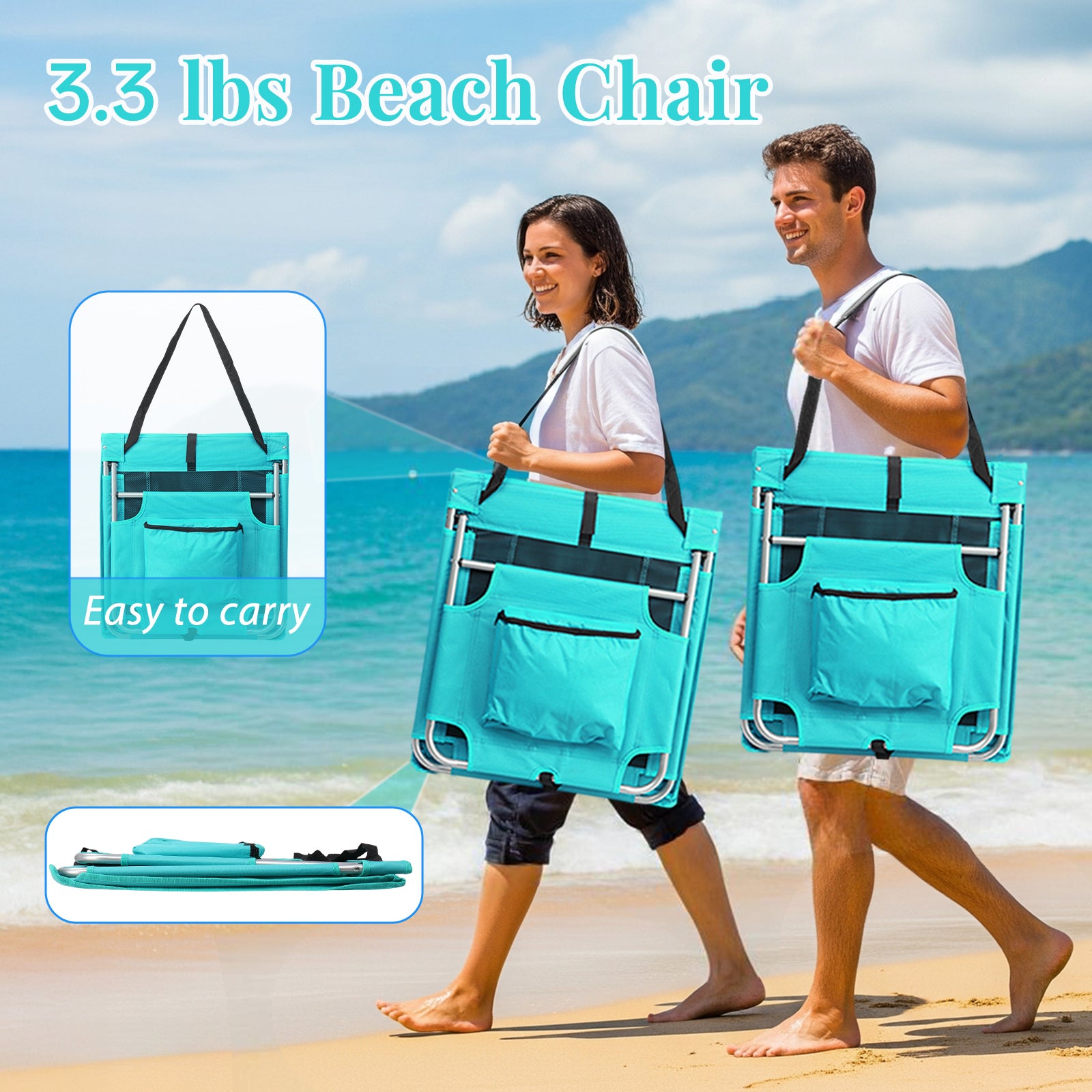 HAOYYE Foldable Beach Lounger Lightweight Lounge Chair with Breathable Mesh Back and Built-in Cooler Pocket Comfortable Portable Design for Outdoor Sunbathing Relaxing in Mint Green