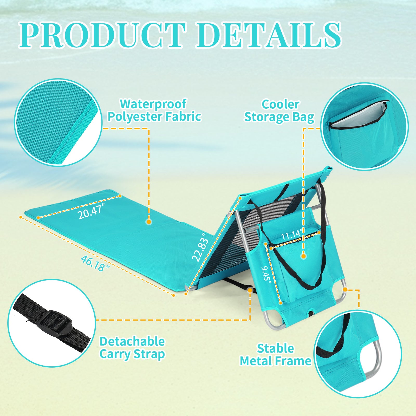 HAOYYE Foldable Beach Lounger Lightweight Lounge Chair with Breathable Mesh Back and Built-in Cooler Pocket Comfortable Portable Design for Outdoor Sunbathing Relaxing in Mint Green