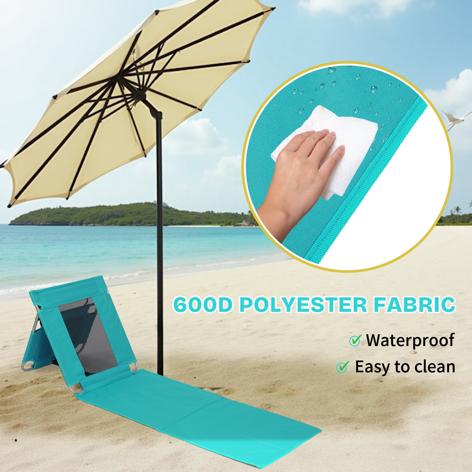 HAOYYE Foldable Beach Lounger Lightweight Lounge Chair with Breathable Mesh Back and Built-in Cooler Pocket Comfortable Portable Design for Outdoor Sunbathing Relaxing in Mint Green