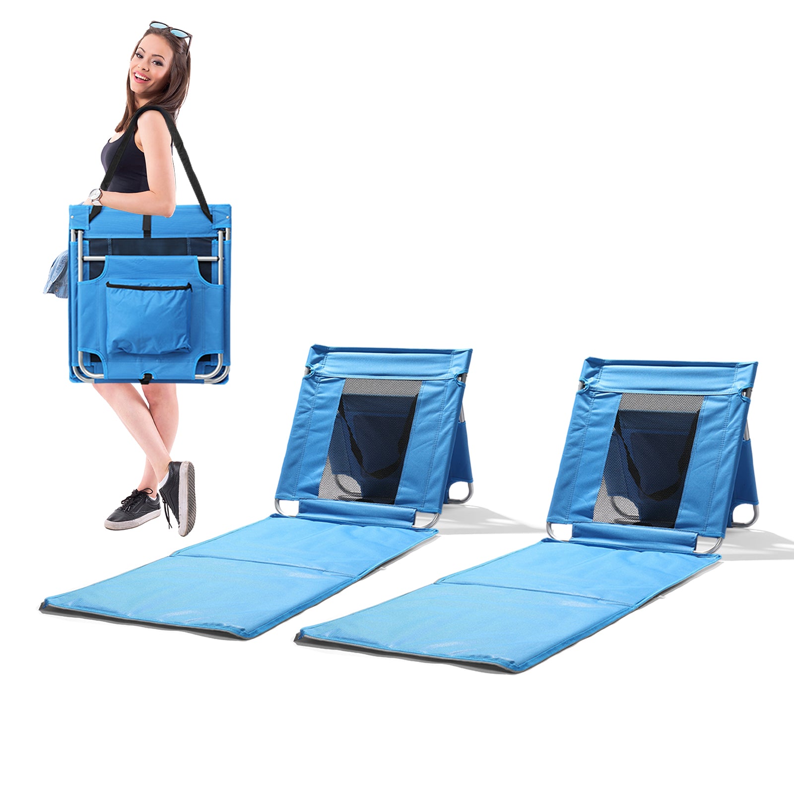 HAOYYE Foldable Beach Lounger Lightweight Lounge Chair with Breathable Mesh Back and Cooler Pocket Comfortable Portable Design for Sunbathing Outdoor Relaxing and Travel Blue