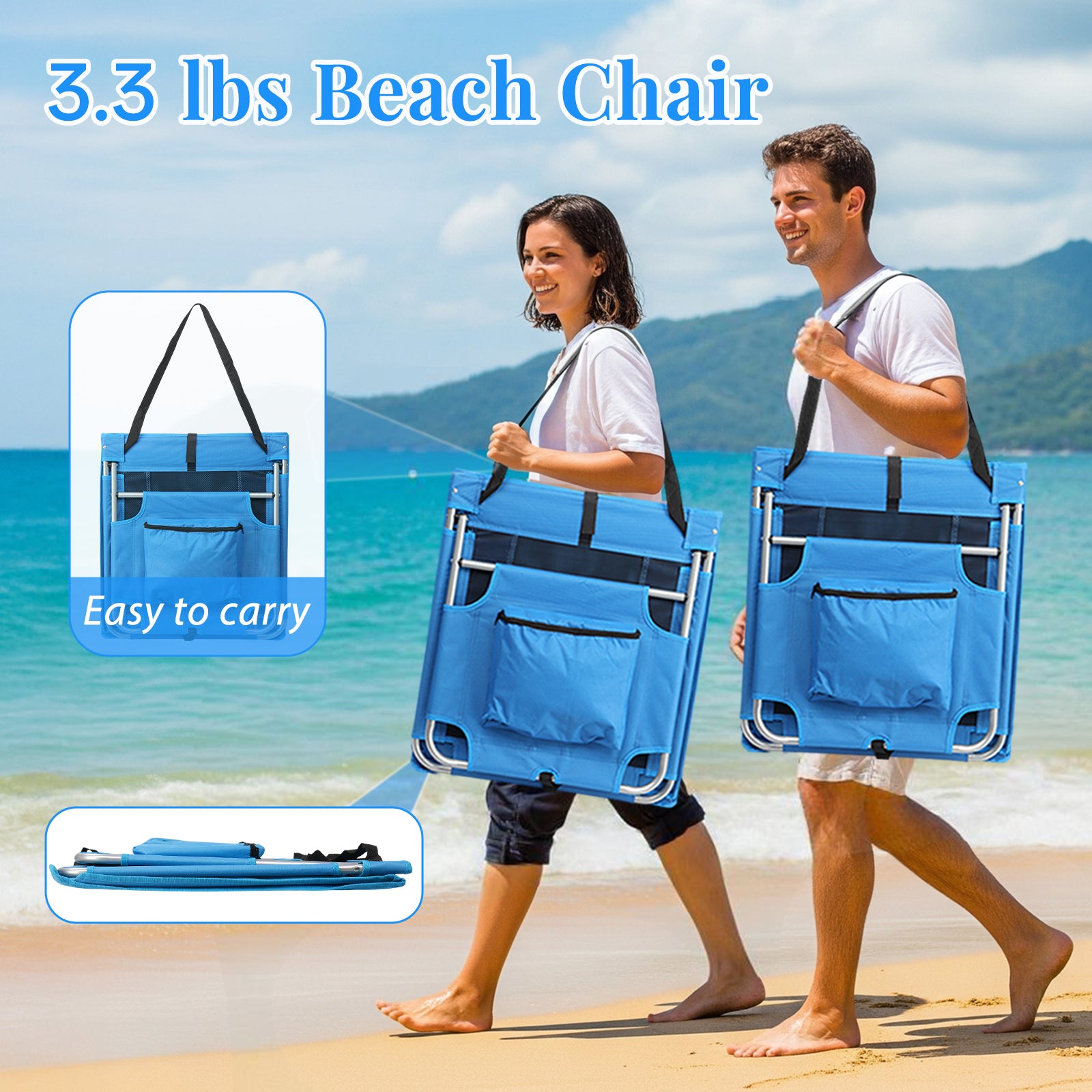 HAOYYE Foldable Beach Lounger Lightweight Lounge Chair with Breathable Mesh Back and Cooler Pocket Comfortable Portable Design for Sunbathing Outdoor Relaxing and Travel Blue