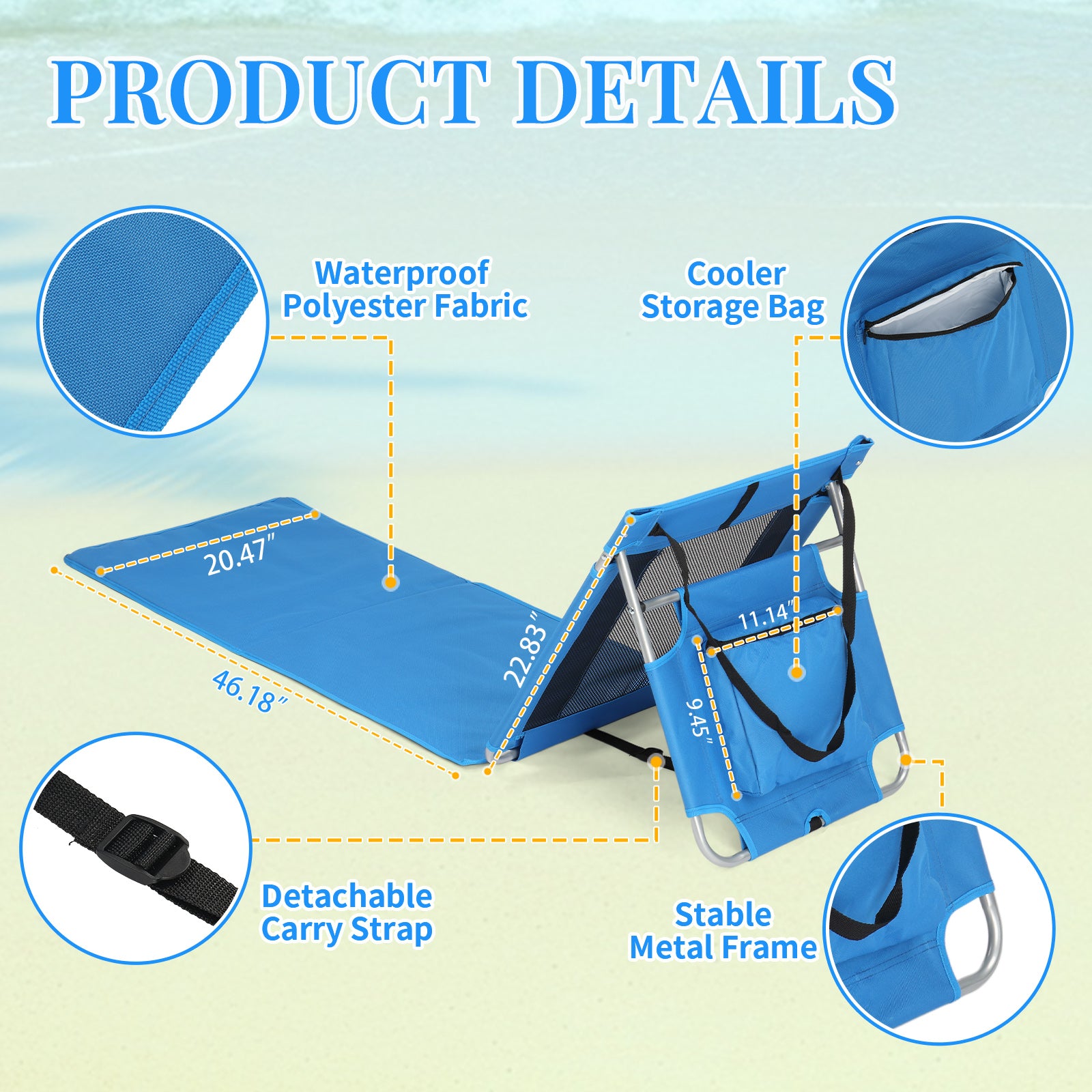 HAOYYE Foldable Beach Lounger Lightweight Lounge Chair with Breathable Mesh Back and Cooler Pocket Comfortable Portable Design for Sunbathing Outdoor Relaxing and Travel Blue