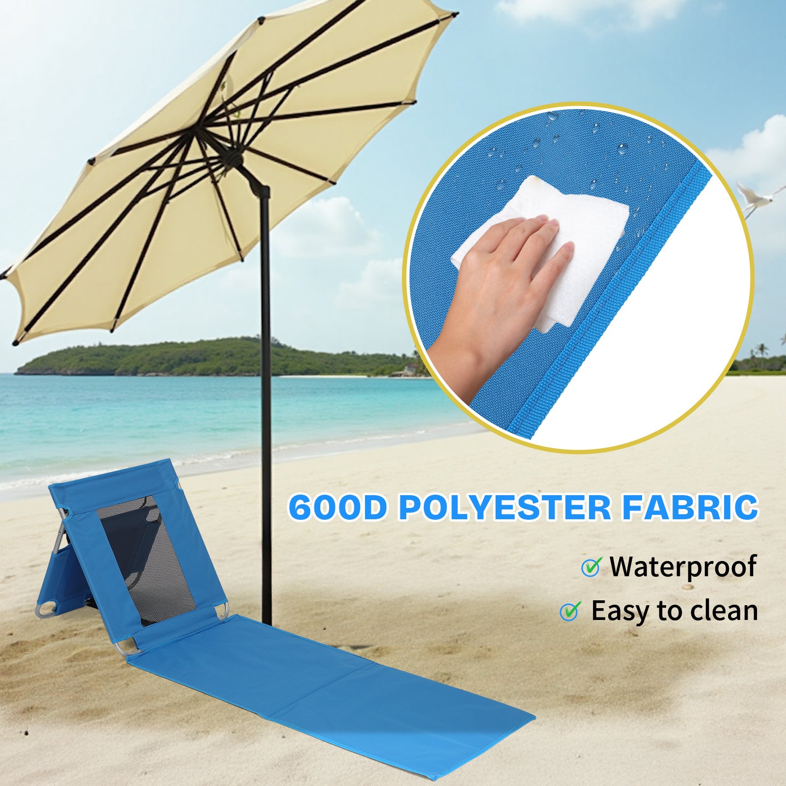 HAOYYE Foldable Beach Lounger Lightweight Lounge Chair with Breathable Mesh Back and Cooler Pocket Comfortable Portable Design for Sunbathing Outdoor Relaxing and Travel Blue
