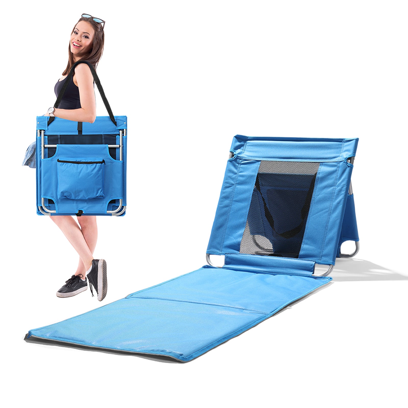 HAOYYE Foldable Beach Lounger Lightweight Lounge Chair with Breathable Mesh Back and Cooler Pocket Comfortable Portable Design for Sunbathing Outdoor Relaxing and Travel Blue