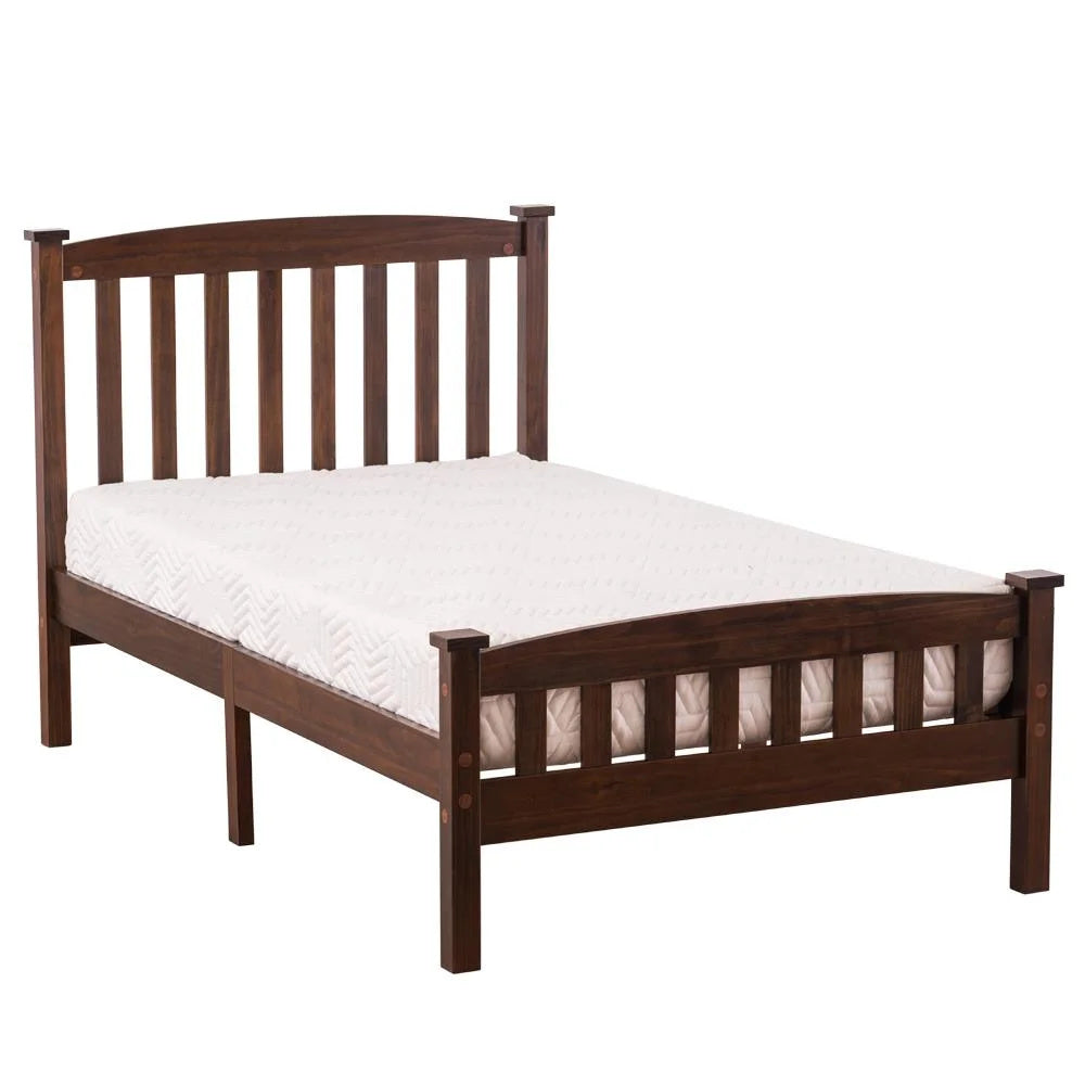 HAOYYE Twin Wooden Bed Frame with Vertical Decorative Slats and Full Cap Curved Headboard and Footboard, Painted Brown Finish, Solid Pine Single-Layer Build, Sturdy and Elegant Design for Bedroom, Easy to Assemble