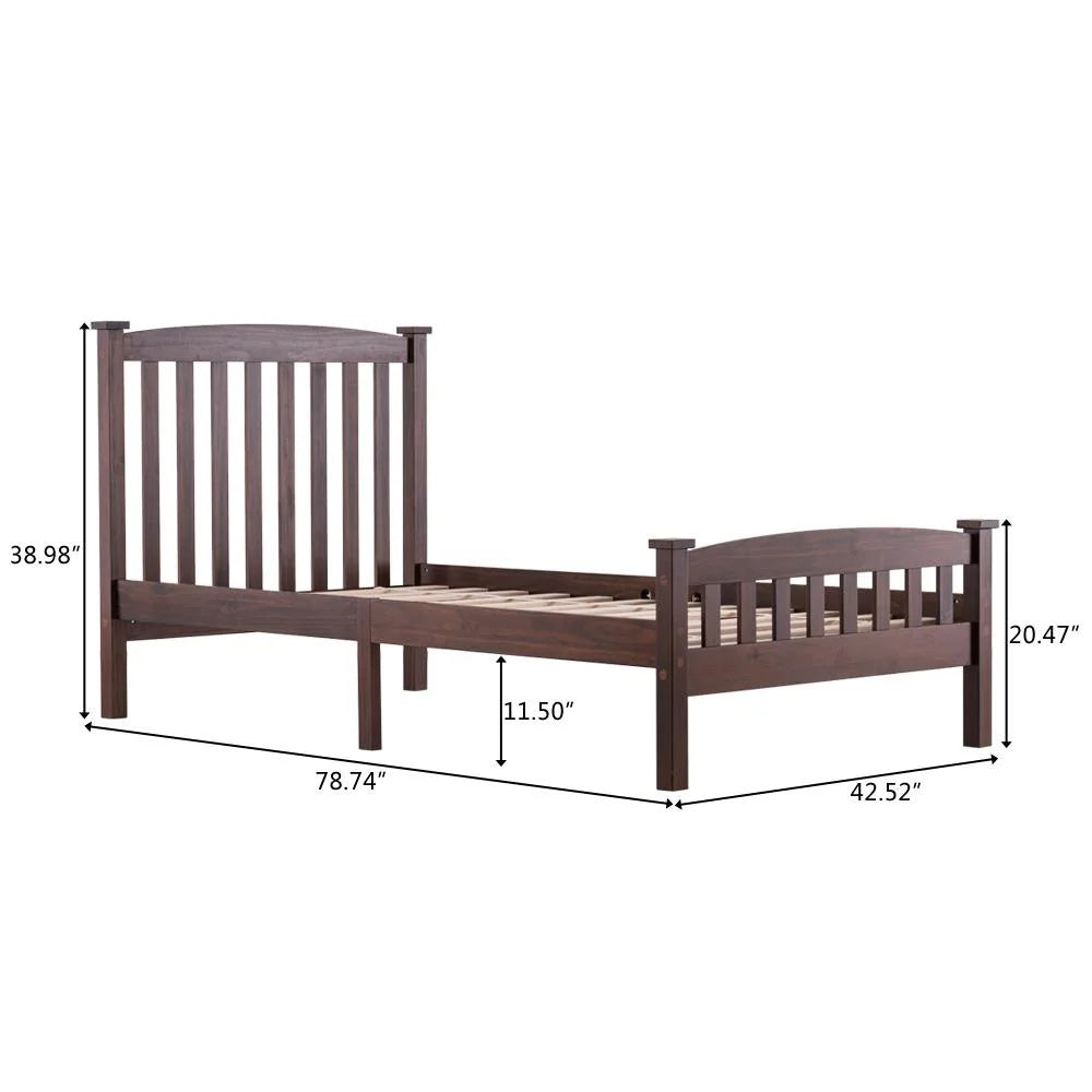 HAOYYE Twin Wooden Bed Frame with Vertical Decorative Slats and Full Cap Curved Headboard and Footboard, Painted Brown Finish, Solid Pine Single-Layer Build, Sturdy and Elegant Design for Bedroom, Easy to Assemble