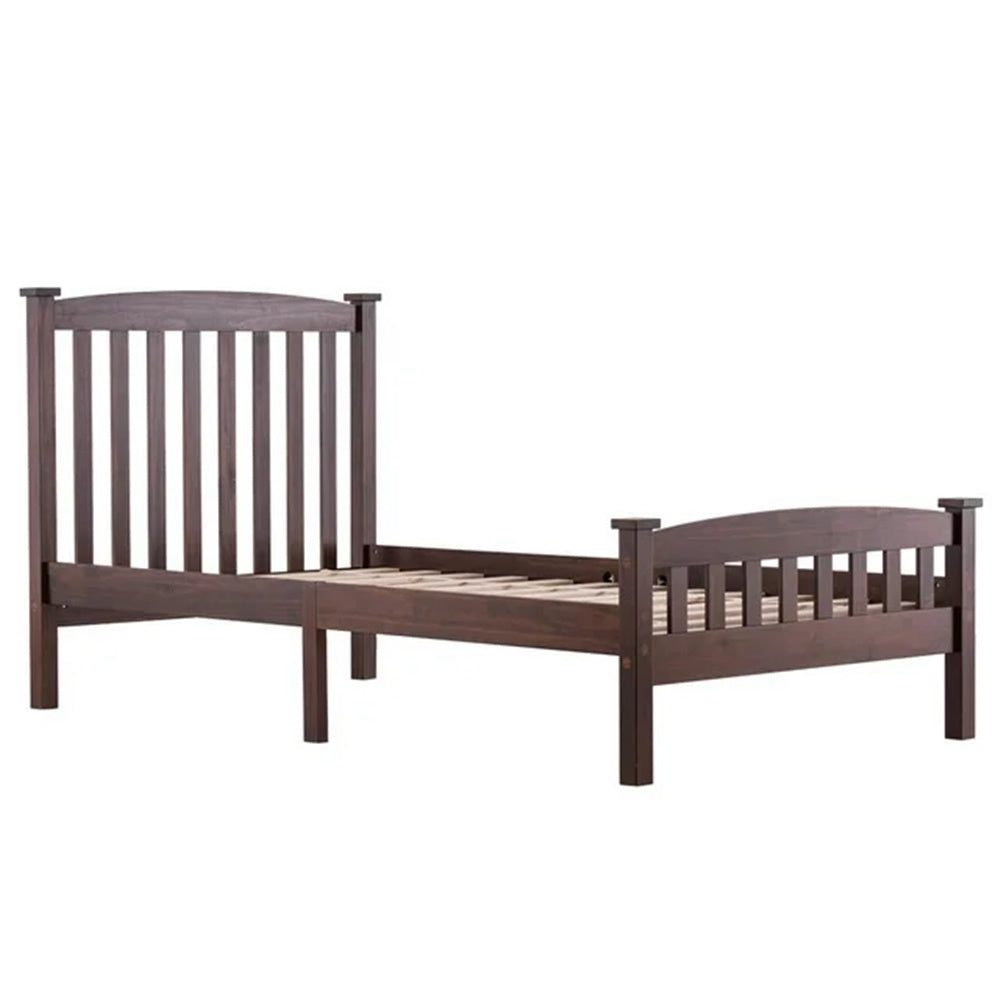 HAOYYE Twin Wooden Bed Frame with Vertical Decorative Slats and Full Cap Curved Headboard and Footboard, Painted Brown Finish, Solid Pine Single-Layer Build, Sturdy and Elegant Design for Bedroom, Easy to Assemble