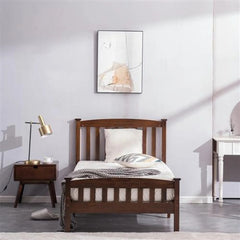 HAOYYE Twin Wooden Bed Frame with Vertical Decorative Slats and Full Cap Curved Headboard and Footboard, Painted Brown Finish, Solid Pine Single-Layer Build, Sturdy and Elegant Design for Bedroom, Easy to Assemble