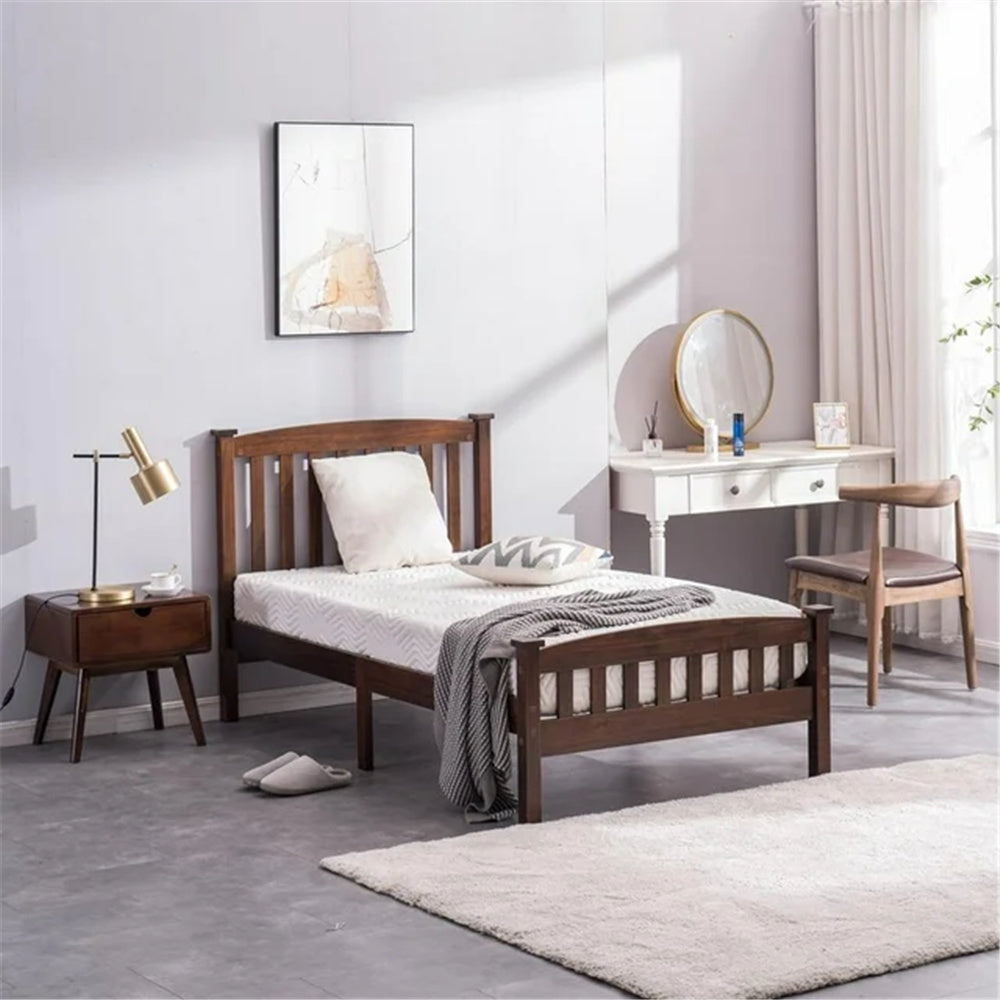 HAOYYE Twin Wooden Bed Frame with Vertical Decorative Slats and Full Cap Curved Headboard and Footboard, Painted Brown Finish, Solid Pine Single-Layer Build, Sturdy and Elegant Design for Bedroom, Easy to Assemble