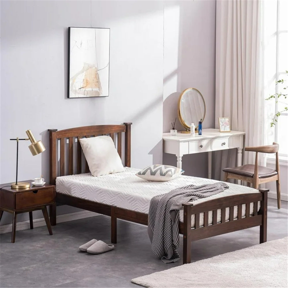 HAOYYE Twin Wooden Bed Frame with Vertical Decorative Slats and Full Cap Curved Headboard and Footboard, Painted Brown Finish, Solid Pine Single-Layer Build, Sturdy and Elegant Design for Bedroom, Easy to Assemble