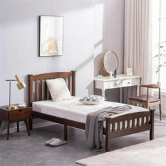 HAOYYE Twin Wooden Bed Frame with Vertical Decorative Slats and Full Cap Curved Headboard and Footboard, Painted Brown Finish, Solid Pine Single-Layer Build, Sturdy and Elegant Design for Bedroom, Easy to Assemble