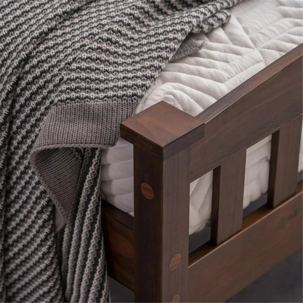 HAOYYE Twin Wooden Bed Frame with Vertical Decorative Slats and Full Cap Curved Headboard and Footboard, Painted Brown Finish, Solid Pine Single-Layer Build, Sturdy and Elegant Design for Bedroom, Easy to Assemble
