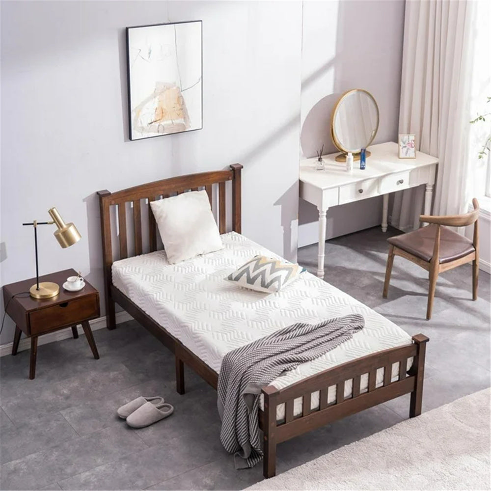 HAOYYE Twin Wooden Bed Frame with Vertical Decorative Slats and Full Cap Curved Headboard and Footboard, Painted Brown Finish, Solid Pine Single-Layer Build, Sturdy and Elegant Design for Bedroom, Easy to Assemble