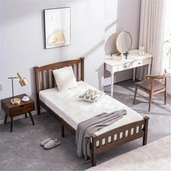 HAOYYE Twin Wooden Bed Frame with Vertical Decorative Slats and Full Cap Curved Headboard and Footboard, Painted Brown Finish, Solid Pine Single-Layer Build, Sturdy and Elegant Design for Bedroom, Easy to Assemble