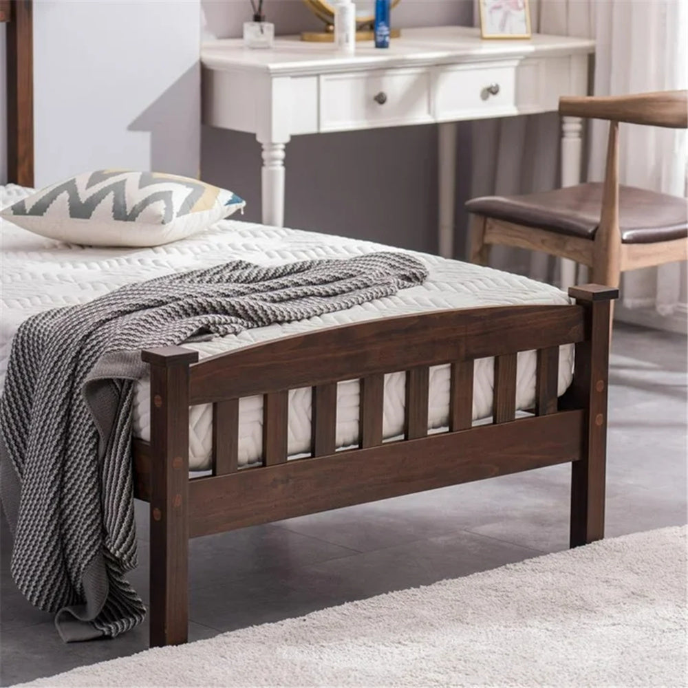 HAOYYE Twin Wooden Bed Frame with Vertical Decorative Slats and Full Cap Curved Headboard and Footboard, Painted Brown Finish, Solid Pine Single-Layer Build, Sturdy and Elegant Design for Bedroom, Easy to Assemble