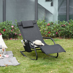 HAOYYE Black Outdoor Rocking Chair with Breathable Mesh Fabric, Soft Padded Headrest and Armrests, Removable Side Pocket, Rubberized Feet, Sturdy Steel Frame Supporting Up to 264 lbs, Perfect for Patio, Poolside, Backyard Relaxation, Easy Assembly