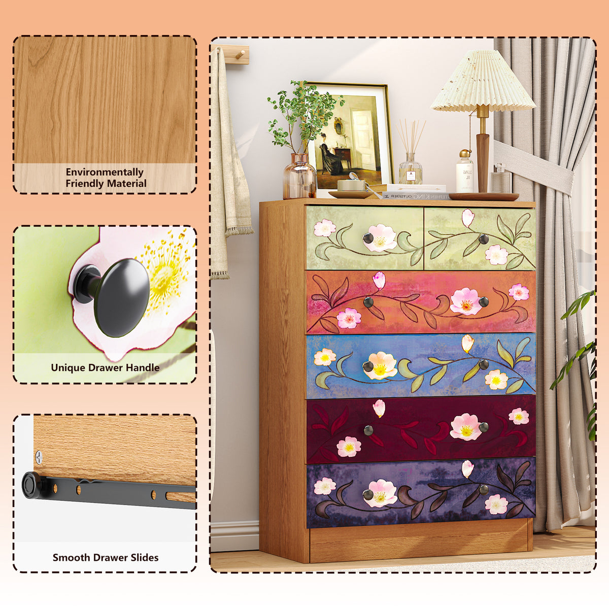 HAOYYE 5-Layer 6-Drawer Dresser with Printed Pattern, Spacious Storage Chest in Rich Brown Finish, Sturdy and Stylish Bedroom Organizer with Smooth-Glide Drawers for Efficient Space Management