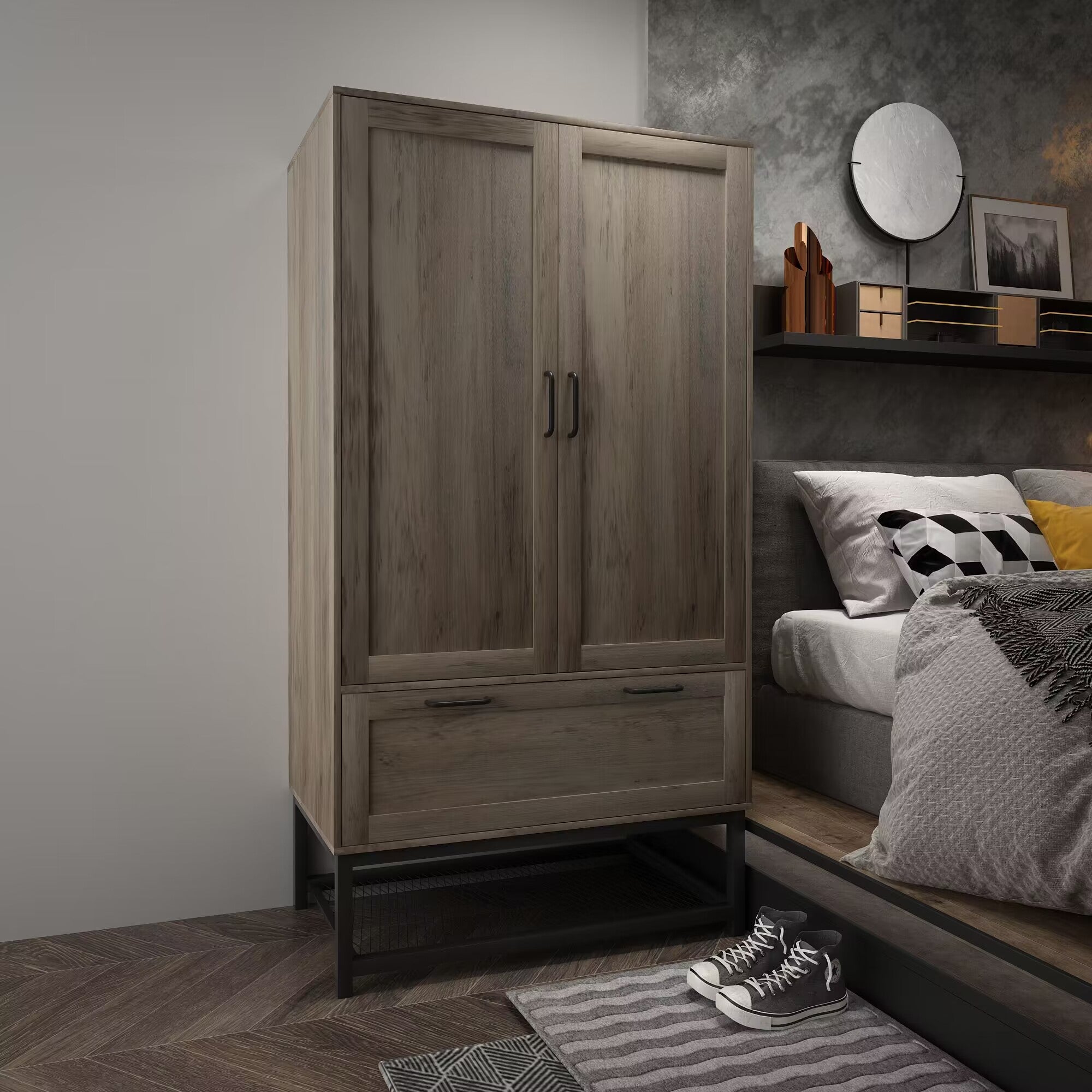 HAOYYE Retro Gray Embossed Particle Board Wardrobe with Iron Shelf, Featuring Two Doors and One Drawer, Stylish and Durable Storage Cabinet for Bedroom or Living Room Organization