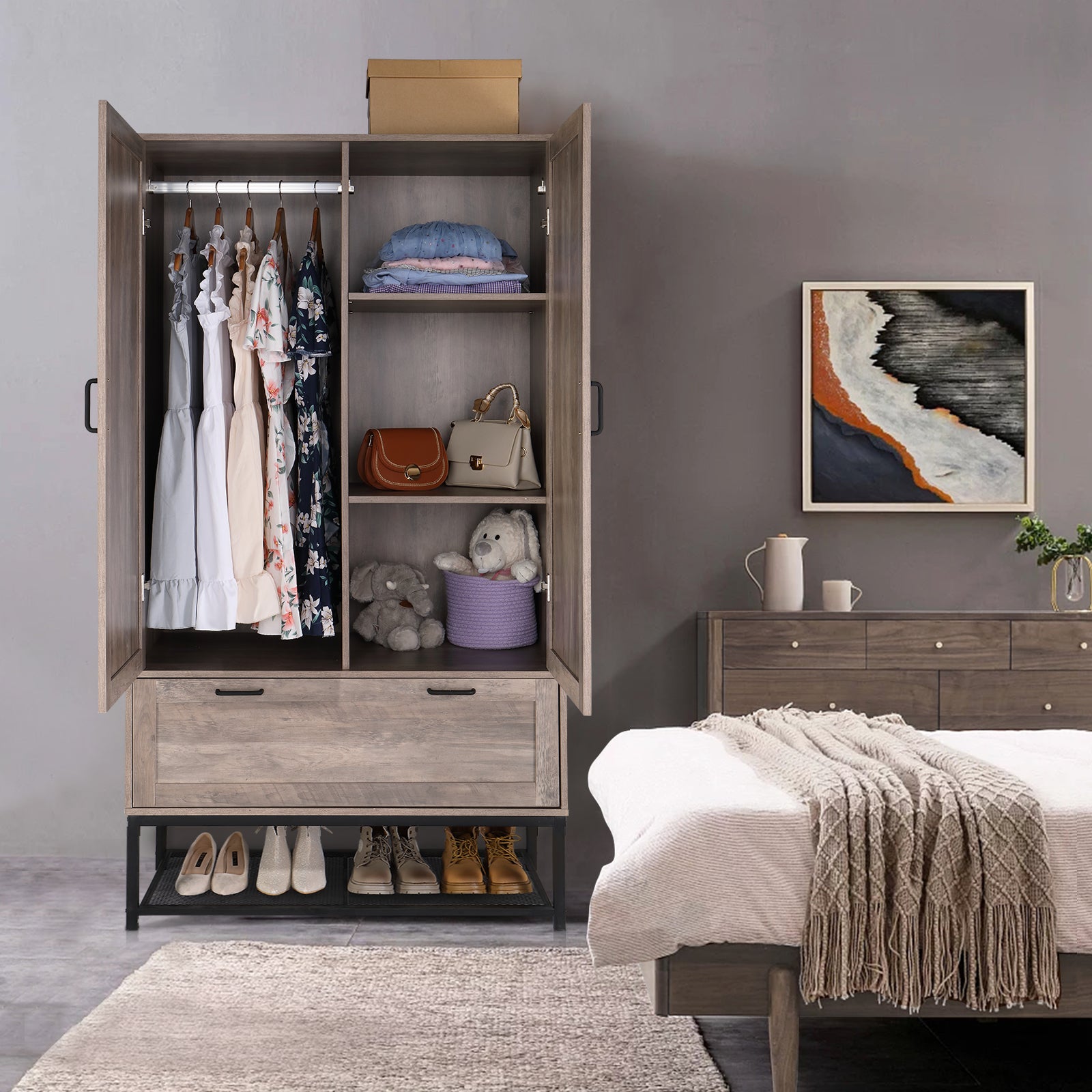 HAOYYE Retro Gray Embossed Particle Board Wardrobe with Iron Shelf, Featuring Two Doors and One Drawer, Stylish and Durable Storage Cabinet for Bedroom or Living Room Organization