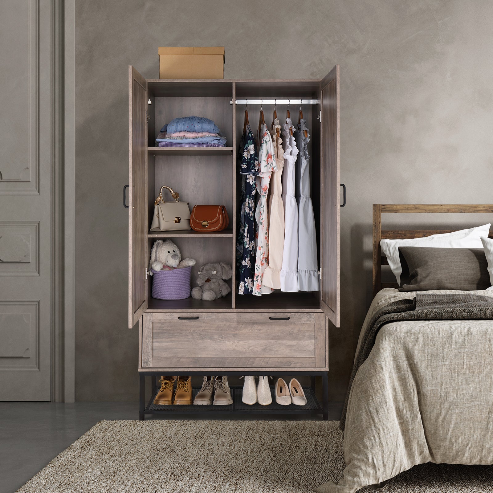 HAOYYE Retro Gray Embossed Particle Board Wardrobe with Iron Shelf, Featuring Two Doors and One Drawer, Stylish and Durable Storage Cabinet for Bedroom or Living Room Organization