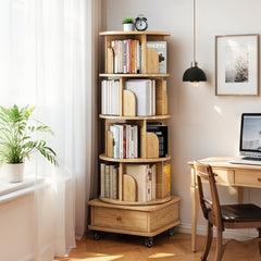 HAOYYE 5 Tier Rotating Bookshelf with 360 Degree Spinning Design and Wheels, Space-Saving Round Display Shelf Tower for Small Spaces in Bedroom, Living Room, Home Office, Modern Wooden Storage Organizer in Natural Wood Color