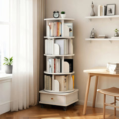 HAOYYE 5 Tier Rotating Bookshelf Tower with 360 Degree Swivel Display, Drawer Storage, Universal Wheels and Modern Round Design, Space-Saving Standing Bookcase for Home Office Bedroom or Living Room in Warm White