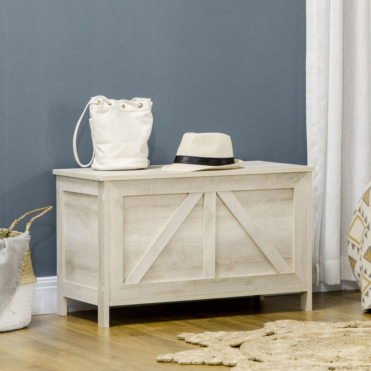 HAOYYE Natural Storage Bench with Flip-Top Lid and Safety Lift Support, Farmhouse Style Wooden Storage Chest for Entryway Bedroom or Study, Multi-Purpose Organizer Cabinet with Strong Load Capacity and Hidden Compartment