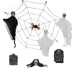 HAOYYE Outdoor Halloween Decorations 8-Piece Set, Hanging Ghosts, Light-Up Eyes Gravestone, Scary Swinging Ghost and Cobwebs, Spooky Yard, Patio, and Lawn Decor for Halloween Party and Garden