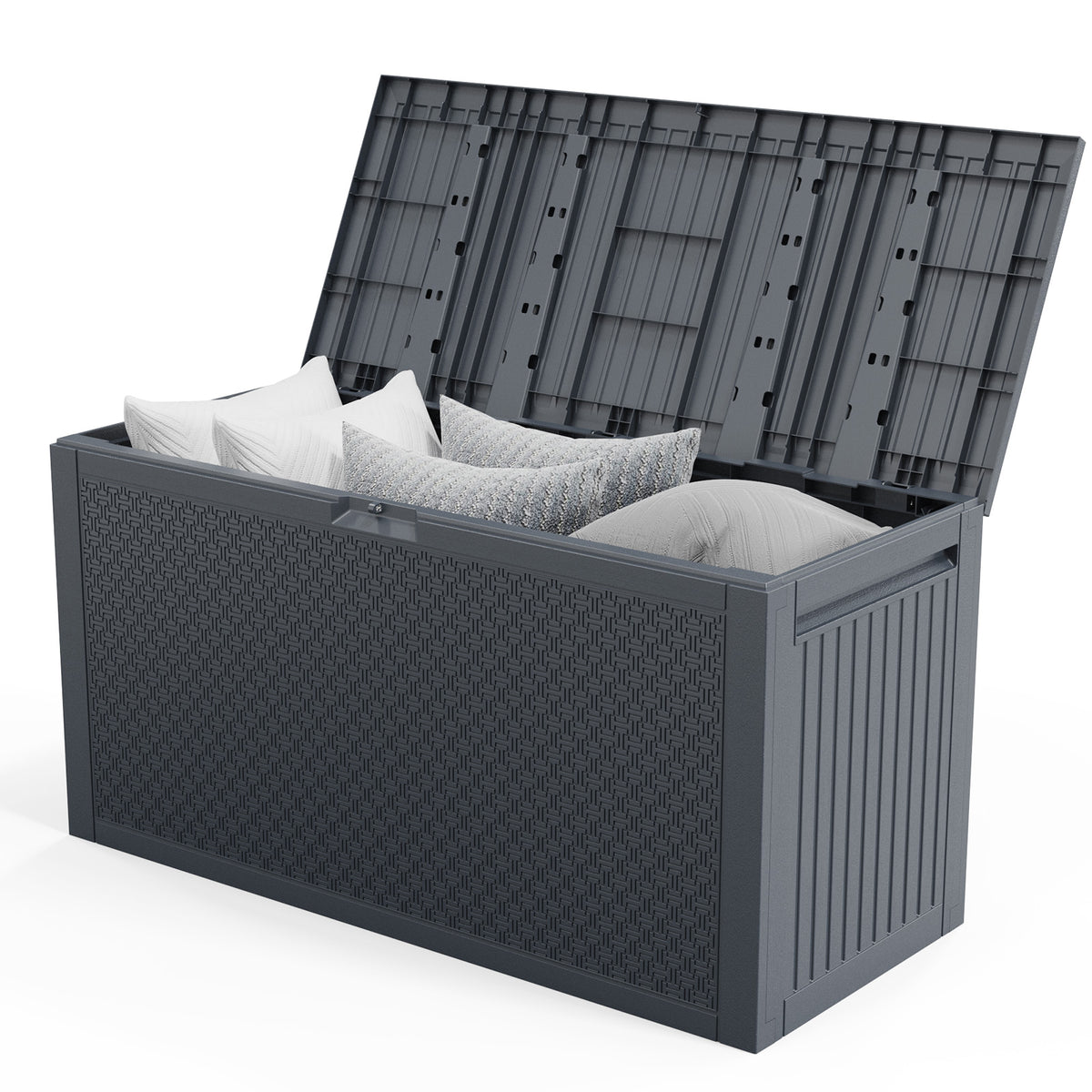 HAOYYE Outdoor Storage Deck Box Grey Plastic Garden Chest with Lockable Lid and Wheels Waterproof UV Resistant for Tools Cushions Toys Patio Garage Backyard Use Durable Weatherproof Portable Organizer 90Gal Capacity