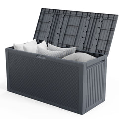 HAOYYE Outdoor Storage Deck Box Grey Plastic Garden Chest with Lockable Lid and Wheels Waterproof UV Resistant for Tools Cushions Toys Patio Garage Backyard Use Durable Weatherproof Portable Organizer 90Gal Capacity