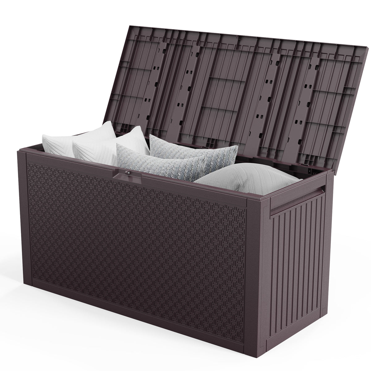 HAOYYE Brown Outdoor Garden Storage Deck Box Chest Lockable Plastic Container with Wheels Durable Weather Resistant Large Capacity for Tools Cushions Toys Patio Backyard and Lawn