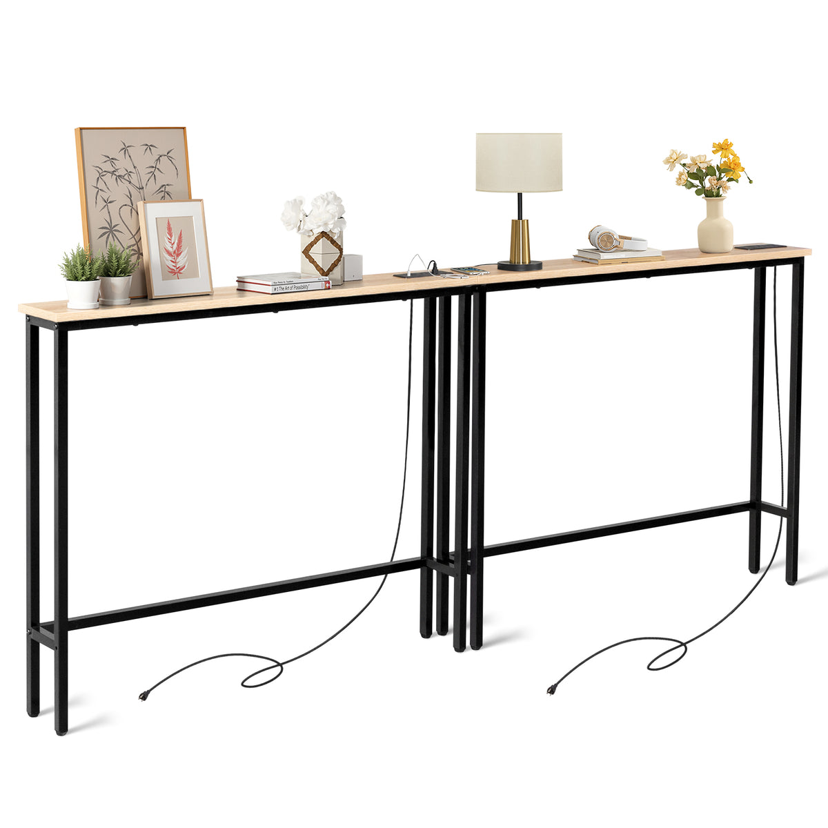 HAOYYE Oak 2 Pack Narrow Console Sofa Tables with Built-In Power Outlets and USB Ports, Long Couch Tables with Sturdy Metal Frame and 4.9ft Extension Cord, Space-Saving Charging Stations for Living Rooms, Dorms, Apartments