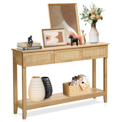 HAOYYE Natural Wood Boho Style Rattan Console Table with 3 Drawers and Open Storage Shelf, Narrow Entryway Sofa Table for Hallway Foyer Behind Couch, Rustic Farmhouse Accent Table