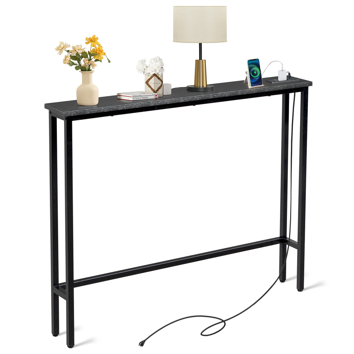 HAOYYE Black Narrow Console Sofa Table with Built-In Power Outlets and USB Ports, Slim Couch Table with Sturdy Metal Frame and Charging Station, Space-Saving Design for Apartments Dorms and Living Rooms