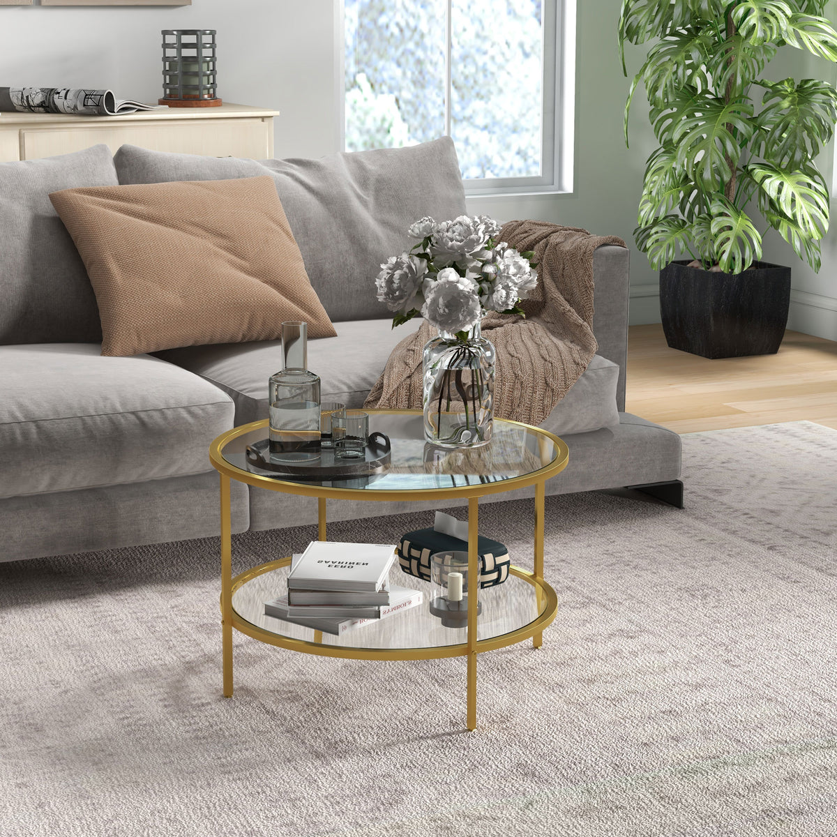 HAOYYE Rattan Coffee Table with Storage Shelf, Round Boho Side Table with Woven Rattan Top and Wood Frame, Small Accent Table for Living Room Bedroom Balcony, Modern Natural Style Indoor End Table for Home and Apartment
