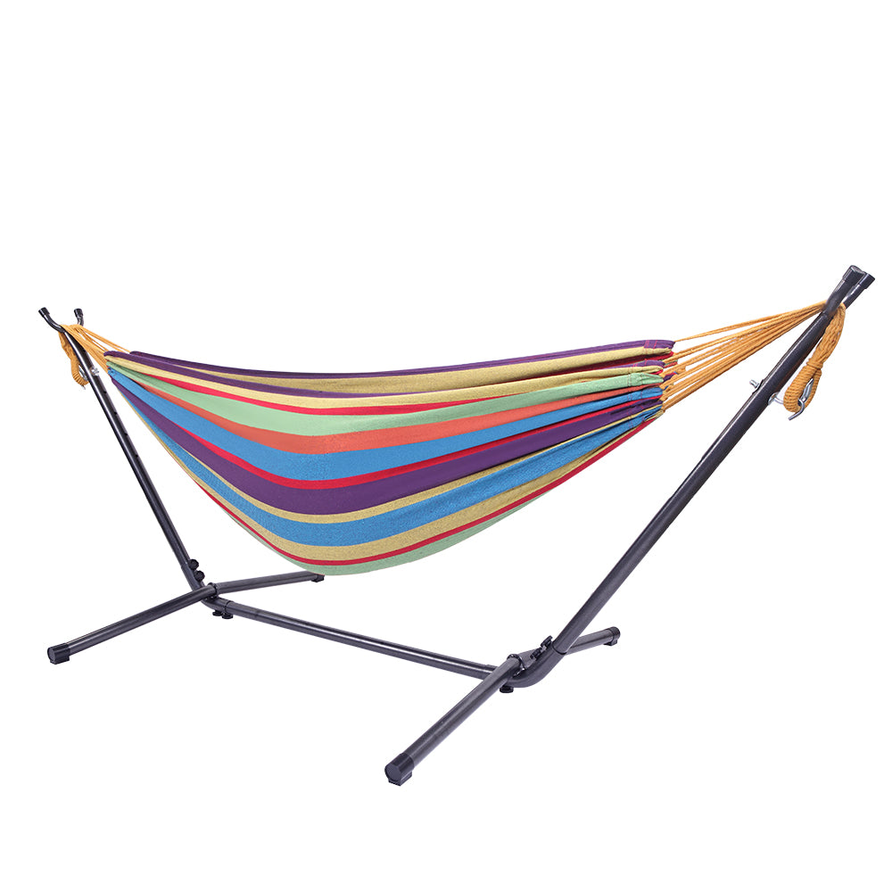 HAOYYE Portable Outdoor Polyester Hammock Set with Sturdy Stand, Lightweight and Compact for Camping Travel Beach or Indoor Use, Stylish Black Background with Silver Flower and Colorful Design