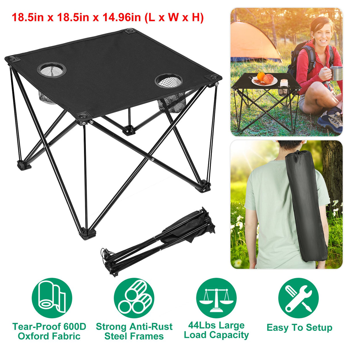 HAOYYE Compact Foldable Outdoor Side Table With No-Tool Setup, Water-Resistant 600D Polyester Fabric, Heavy Duty Steel X-Frame Supporting Up To 44 Lbs, Includes Carry Bag And Dual Drink Holders, Ideal For Camping, BBQ, Fishing, Backyard