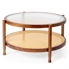 HAOYYE Rattan Coffee Table with Tempered Glass Top, Round Boho Style End Table, Stylish Side Table for Living Room, Balcony, Patio, and Office, Sturdy Walnut Finish, Indoor and Outdoor Use