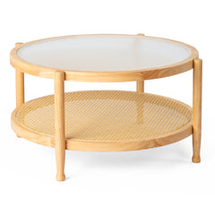 HAOYYE Rattan Coffee Table with Tempered Glass Top, Large Round Boho Style End Table with Hand-Woven Shelf, Sturdy Stable Structure for Living Room Bedroom Balcony Patio or Office