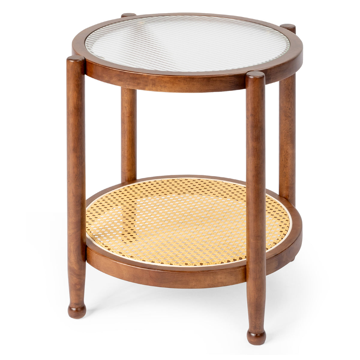 HAOYYE Rattan Coffee Table With Water Ripple Glass Top Hand-Woven Boho Side Table Compact Round End Table For Living Room Bedroom Balcony Patio Walnut Brown
