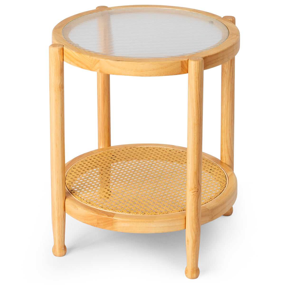 HAOYYE Rattan Coffee Table with Tempered Glass Top, Boho Style Round End Table, Small Space-Saving Side Table for Living Room Balcony Patio, Natural Hand-Woven Rattan Shelf and Sturdy Design