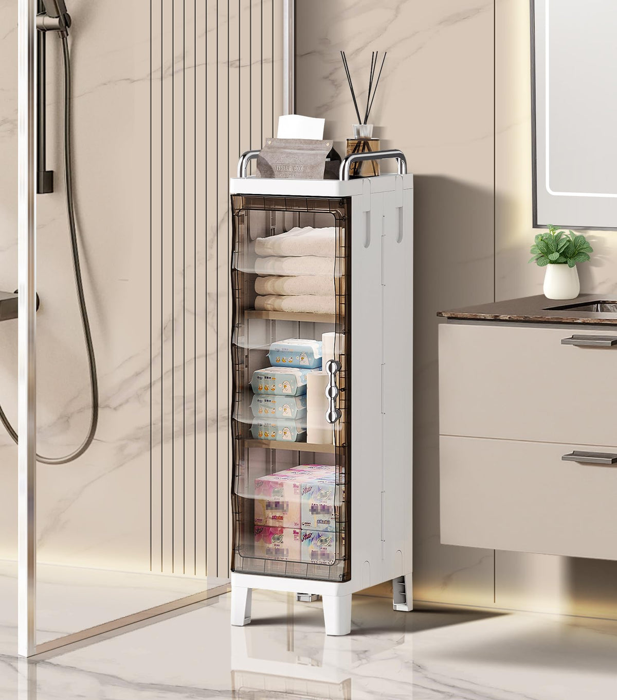 HAOYYE Slim Storage Cabinet With Adjustable Shelves And Magnetic Doors Waterproof Freestanding Organizer For Bathroom Kitchen Laundry Room Bedroom Narrow Spaces Space Saving White Modern Design